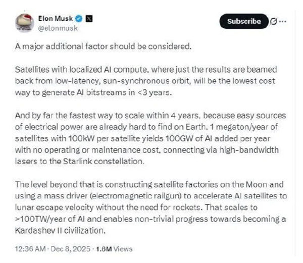 马斯克谈每年发射100万吨AI卫星:大规模运行AI最低成本方式