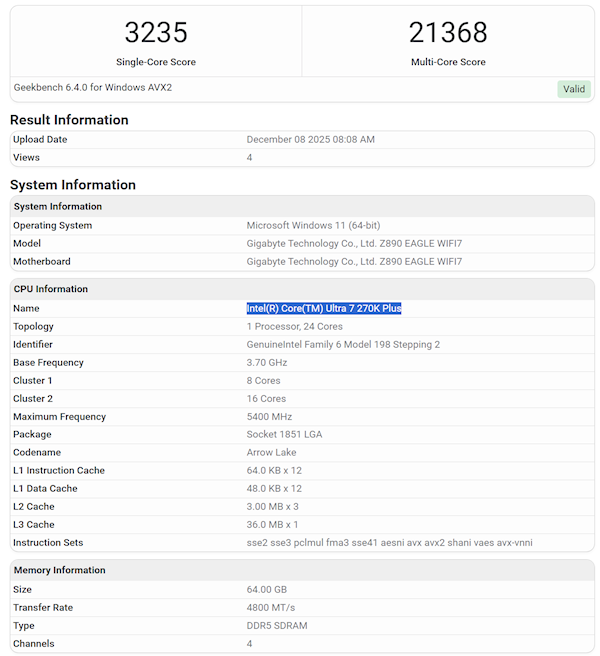 酷睿Ultra 7 270K Plus性能仅提升5%:基准频率反而更低